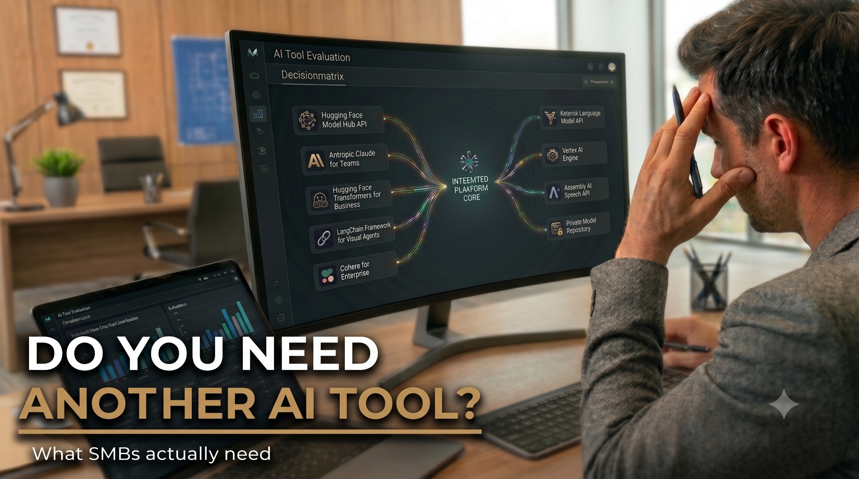 Do you need another AI tool? What SMBs actually need. A business owner overwhelmed at his desk, facing a screen full of AI tools.