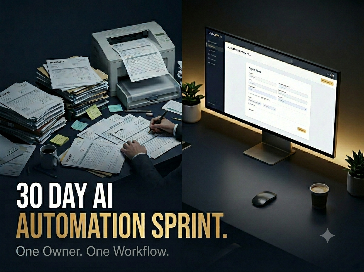 A 30-day AI Automation Sprint: one owner, one workflow. Stacks of paperwork beside a printer give way to a clean, working system on screen.
